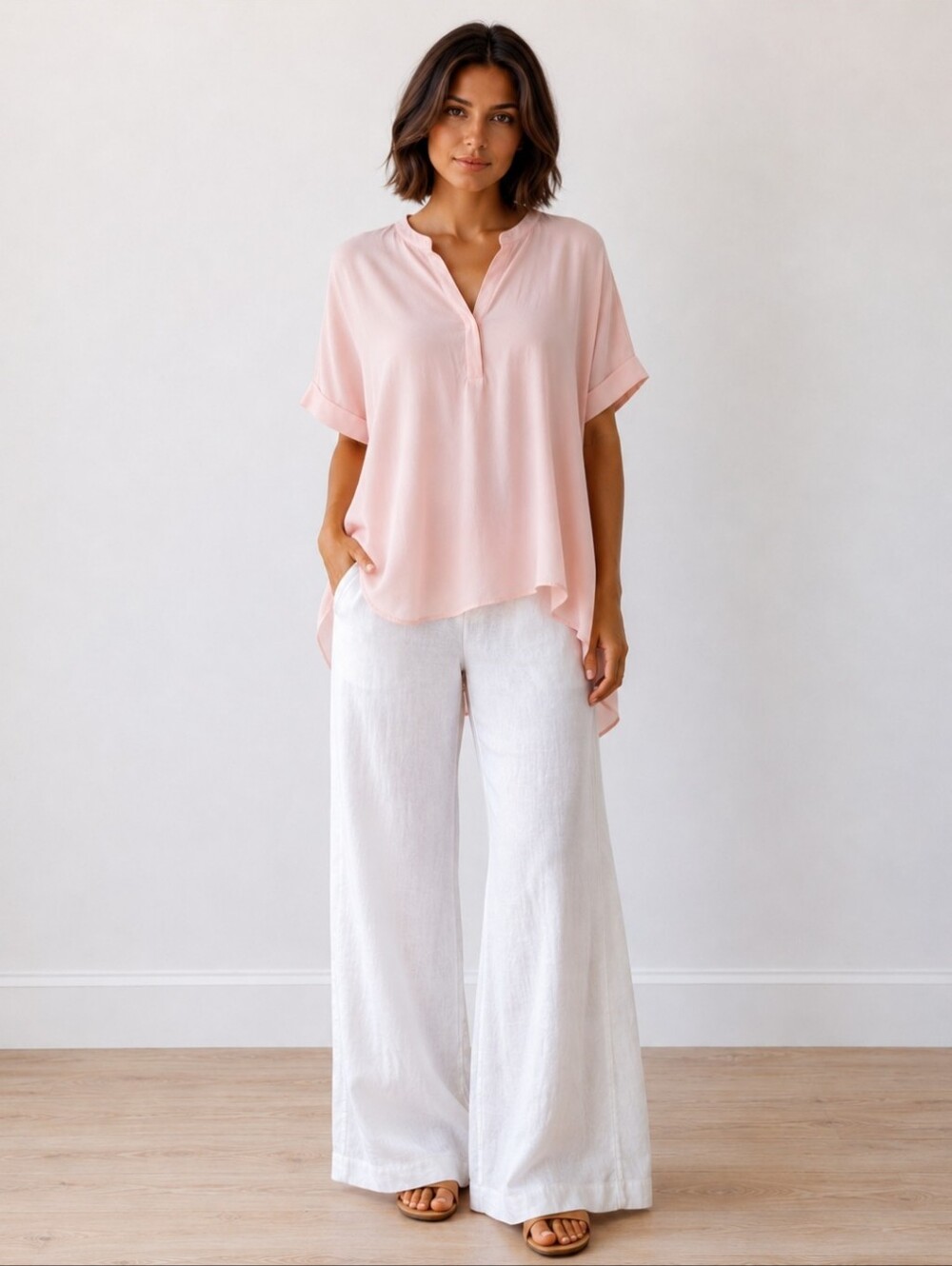 Monk & Lou | Blush Pink High-Low Flowy Crepe Blouse | Oversized Fit